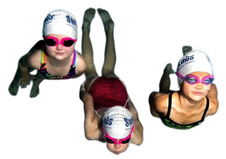Three swimmers wearing swim fins